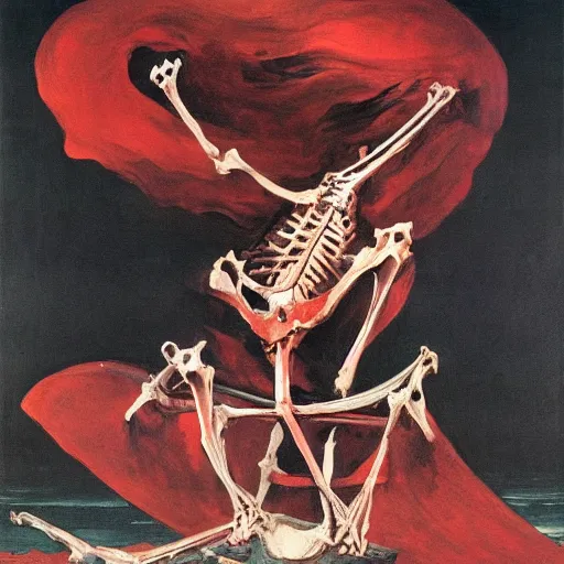 Prompt: A dark figure trapped inside a whale skeleton swimming in the sea by Francisco Goya and Francis Bacon, vibrant red background, mythological painting, oil painting, triadic color scheme, very coherent, Figure seated on a throne of marble, whale skeleton, Beksinski painting