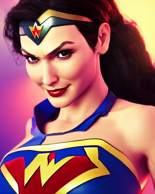 Prompt: stylish cute wonderwoman portrait hd sharp 3d model vray render with mix of gal Gadot and Linda Carter in Pixar squareenix GTA game anime manga style trending on artstation pixiv skeb