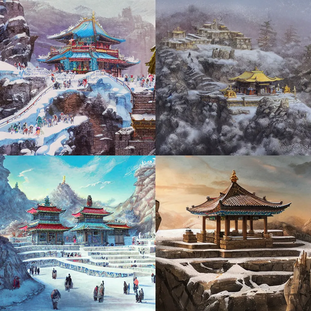 Prompt: A temple plaza on a cliffside overlooking a frozen desert, art by Feng Zhu