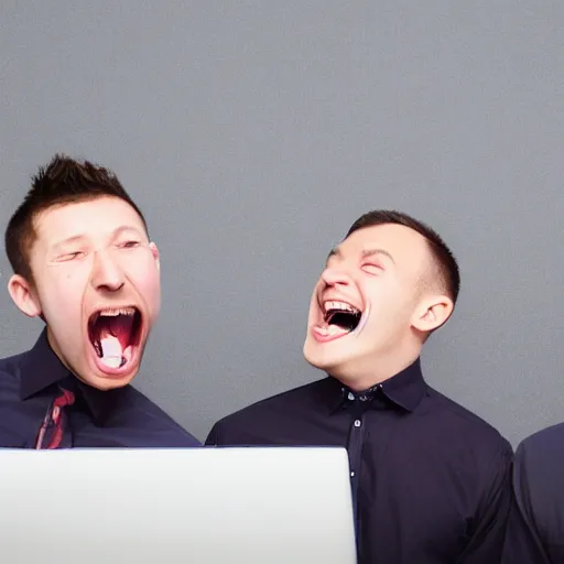 Image similar to several guys typing on keyboard while laughing very hard, mouth wide open tsticking tongues out, studio light, grey background, centered, photorealsitic