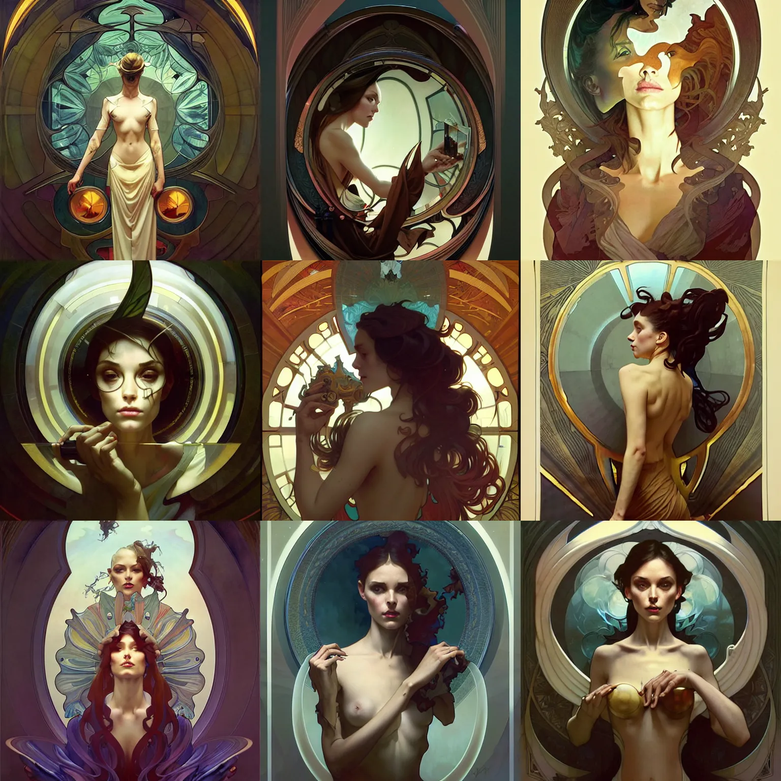 Prompt: A mirror, graphic artist steve argyle, graphic artist peter Mohrbacher, graphic artist Davi Blight, graphic artist artgerm, graphic artist magali villeneuve, Lead Designer greg rutkowski, no distorsion, art director alphonse mucha