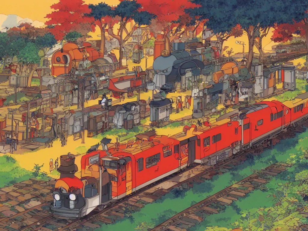 Prompt: longitudinal cut sideview of a anime train, autumn light, colorful, beautiful, by studio ghibli, by hayao miyazaki, digital art, concept art, manga, cute and adorable, illustration