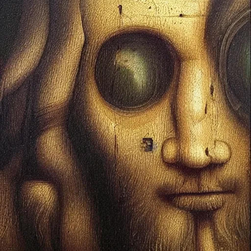 Image similar to an oil painting in the style of leonardo da vinci of half robot half man, indicating to ai