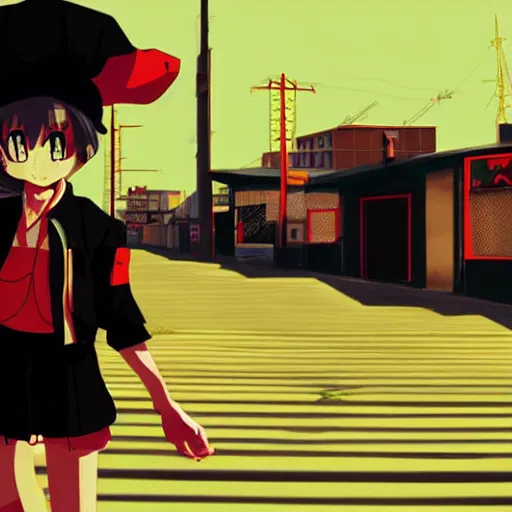 Image similar to anime girl wearing large black beret, black shirt with red star, smug grin, cel - shading, 2 0 0 1 anime, flcl, jet set radio future, golden hour, japanese town, concentrated buildings, japanese neighborhood, electrical wires, cel - shaded, strong shadows, vivid hues, y 2 k aesthetic