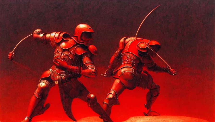 Image similar to only with red, an armored gladiator in a crowded roman amphitheatre, crowd cheering, in the style of beksinski and edward hopper and rodcenko and yue minjun and rolf armstrong, intricate and epic composition, red by caravaggio, highly detailed, masterpiece, red light, artstation