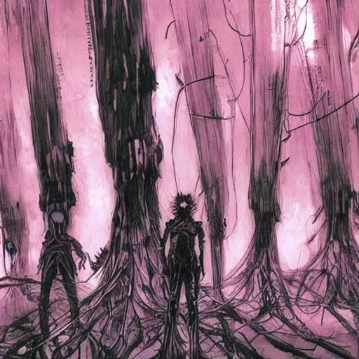 Image similar to sci - fi, monster hunters walking in a meat and bone forest, art by tsutomu nihei