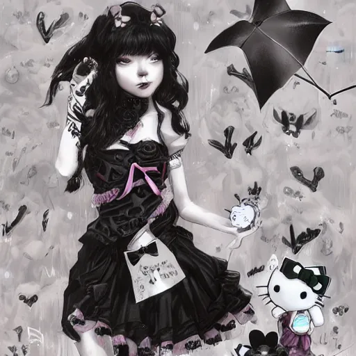 Image similar to Goth girl dressed in a hello kitty outfit, black and white cat next to it, by Stanley Artgerm Lau, WLOP, Rossdraws, James Jean, Andrei Riabovitchev, Marc Simonetti, Yoshitaka Amano, ArtStation, CGSociety,