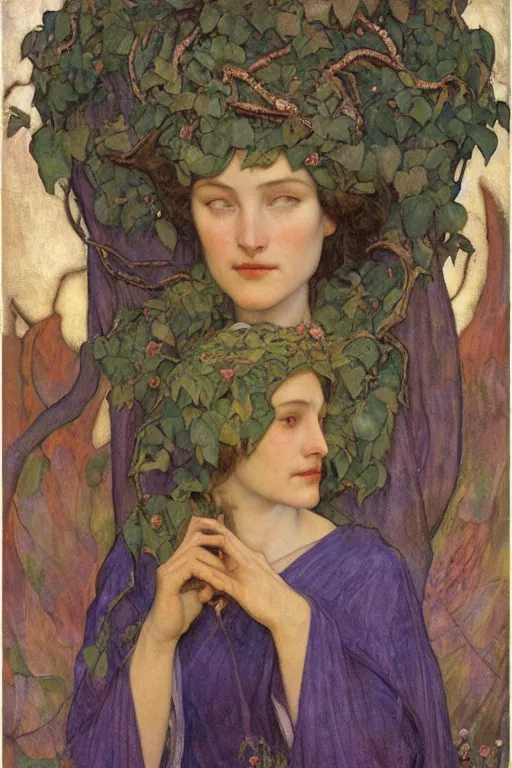 Image similar to queen of the springtime with leaves and vines growing from her, by Annie Swynnerton and Nicholas Roerich and jean delville, dramatic cinematic lighting , ornate headdress , flowing robes, lost civilizations, smooth, sharp focus, extremely detailed