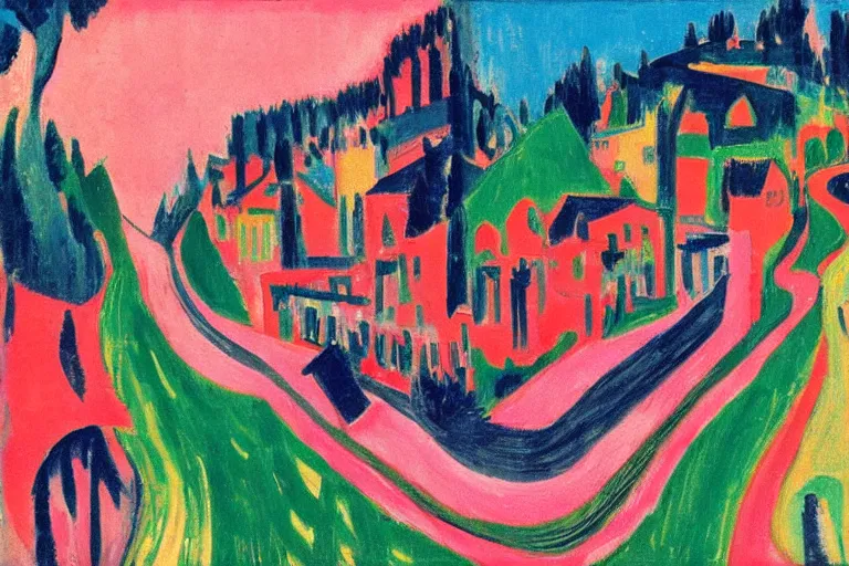 Prompt: watching traffic on a road that does loop - de - loops, a ernst ludwig kirchner painting