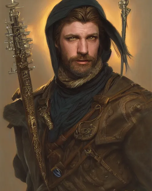 Image similar to white male rogue bard portrait, highly detailed, very intricate, cinematic lighting, closeup painted portrait, by donato giancola and rossdraws and magali villenueve, featured on artstation