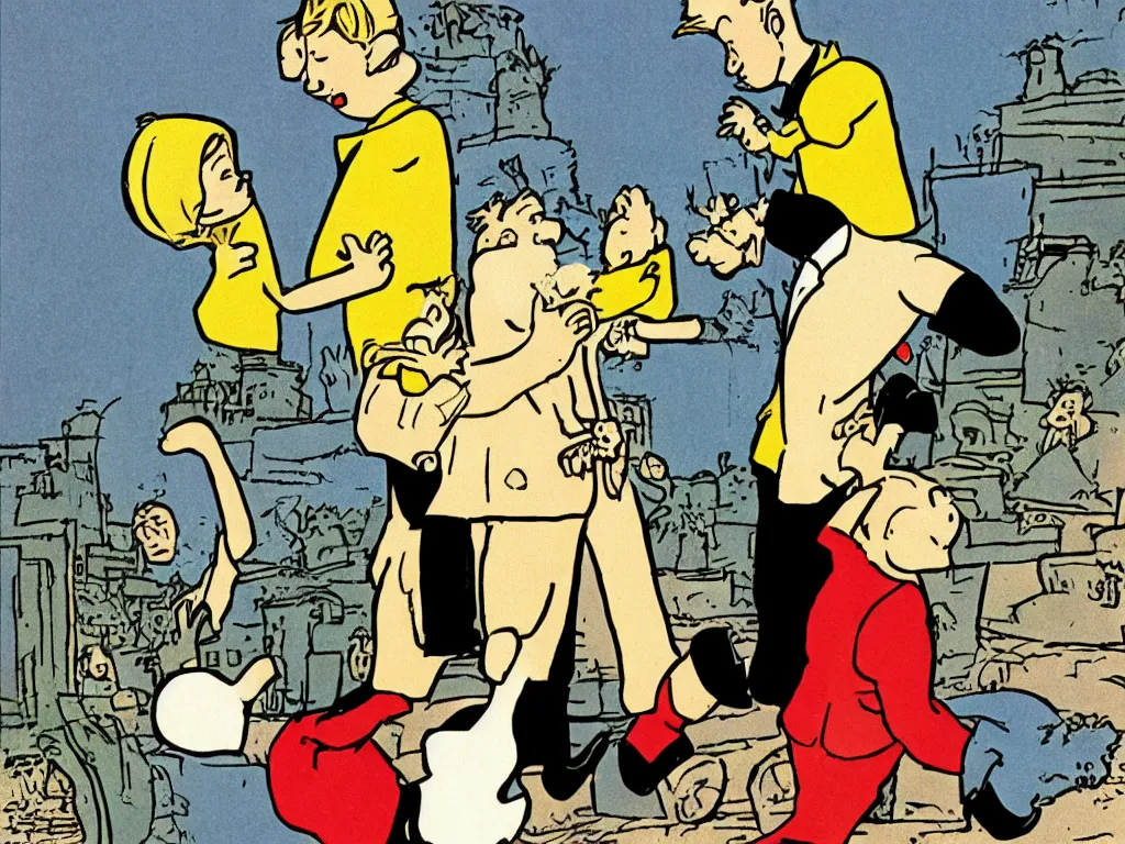 Image similar to Tin Tin original illustration by Hergé: Tin Tin gets married