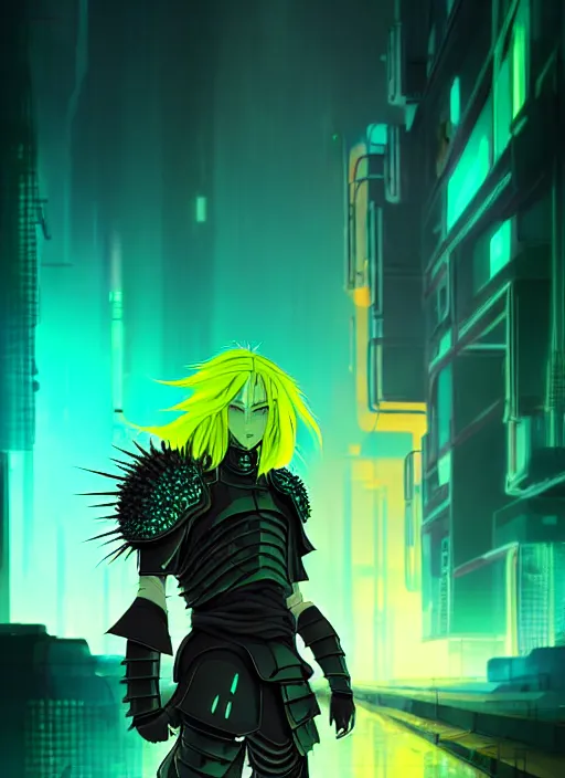 Prompt: a striking cinematic anime full body portrait of a male warrior with long blonde hair and blue eyes wearing evil green spiked cyberpunk armour and standing in the desolate burning ruins of a futuristic city by hirohiko araki and beeple, fine details, digital art, character concept art, volumetric lighting, cinematic light