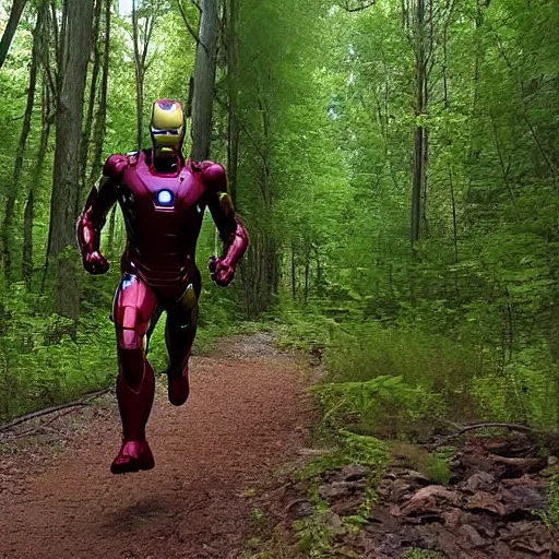 Prompt: trailcam footage of iron man running in the forest