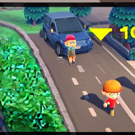 Prompt: screenshot of carjacking on skid row in animal crossing