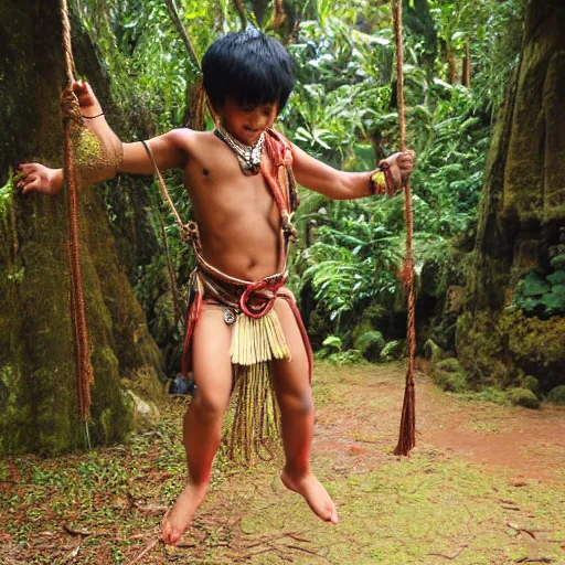 Image similar to A photograph of a young boy swinging from a lian wearing a Loincloth, ragged shirt in a rain forest