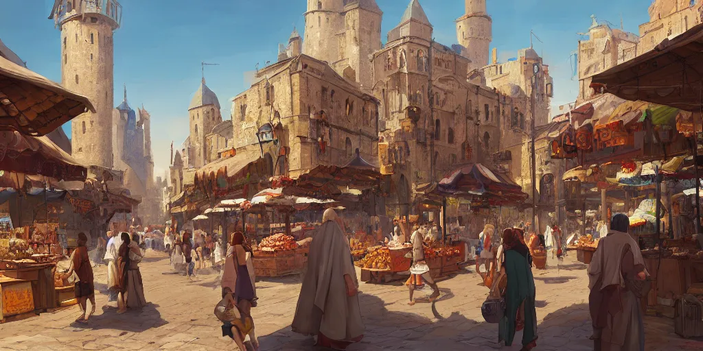 Prompt: a busy medieval Mediterranean street market in the style of Sylvain Sarrailh, beautiful digital art, cinematic composition, detailed, concept art, Matt painting, oil painting, high res