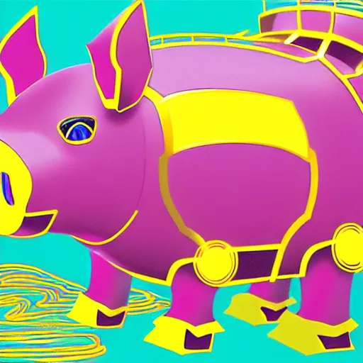 Prompt: 100 giant mecha pigs wearing gold crowns, anime style, art by YASUHIKO Yoshikazu and lisa frank, trending on Artstation