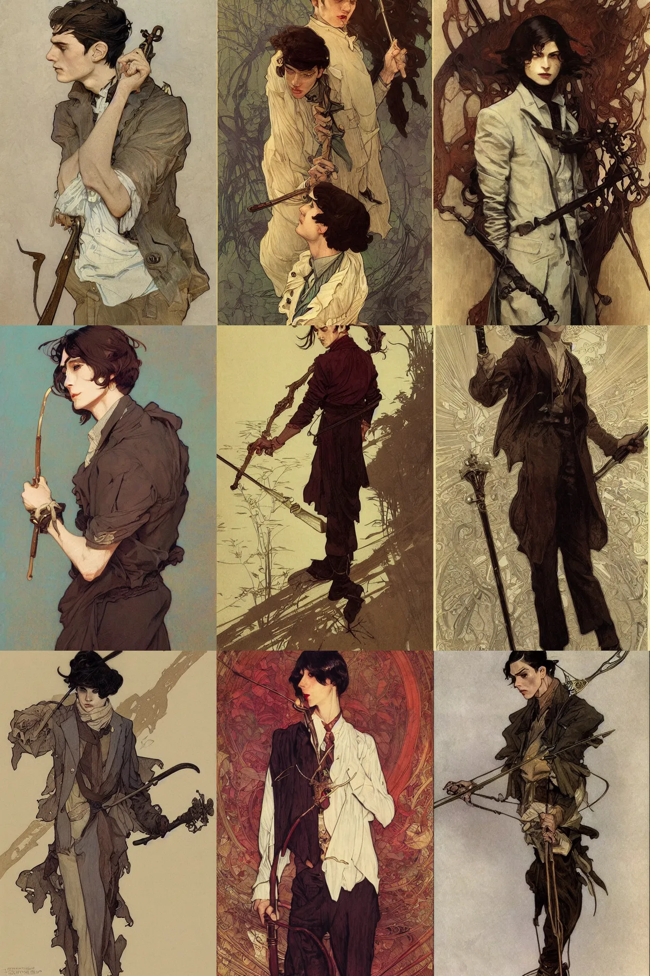 Prompt: thin young male, holding cane, long dark hair, 1 9 2 0 s fashion, fantasy, highly detailed, intricate, smooth, art by joseph leyendecker, ruan jia, marc simonetti, ayami kojima, cedric peyravernay, alphonse mucha, victo ngai