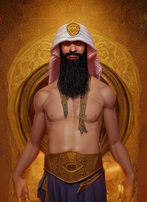 Prompt: portrait of sheikh ruler of dubai, djinn, head and torso only, cinematic lighting, studio quality, smooth render, cell shaded, 4 k resolution, active, scenic, schizo, art style by klimt and nixeu and ian sprigger and wlop and krenz cushart.