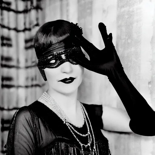 Image similar to a 1 9 2 0 s flapper woman extending her hand in black satin gloves toward the camera, enticing the viewer to join a jazz party taking place behind her in a dimly lit speakeasy, circa 1 9 2 4, depth of field, photorealistic