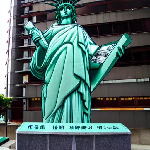 Prompt: photo of the statue of liberty as a taiwanese asian in taipei, copper cladding