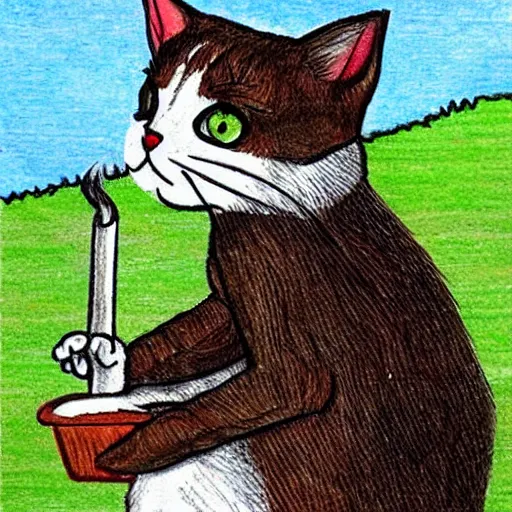 Image similar to Farmer cat smoking a cigarette cute drawing