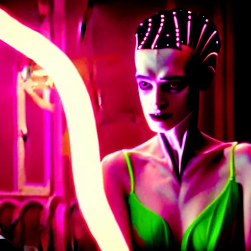 Prompt: cinematic portrait of model kristen mcmenamy as bride of frankenstein as a replicant in a busy nightclub, frightened and angry, still from the movie ex machina, fashion photography, a neon sign is in the background