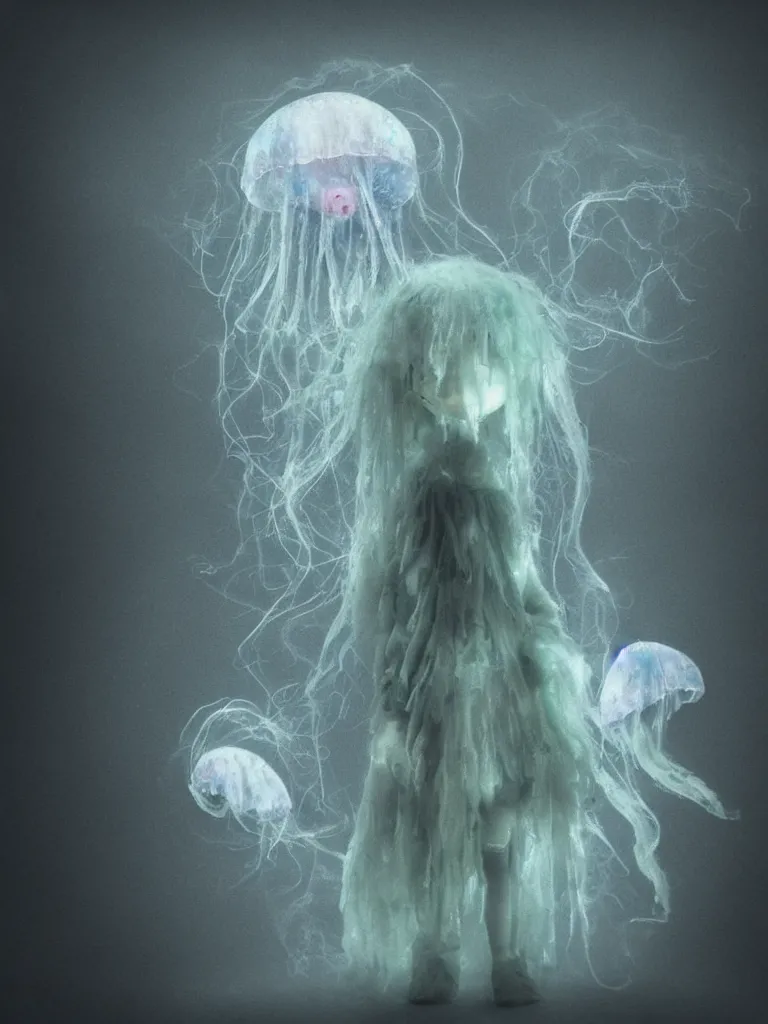 Image similar to cute fumo plush smiling ectoplasmic jellyfish ghost girl waving in deep fog over mysterious waters, patchwork doll chibi gothic maiden in tattered melting rags, glowing wisps of hazy green smoke and eerie blue volumetric fog swirling about, moonlight, glowing lens flare, black and white, vray