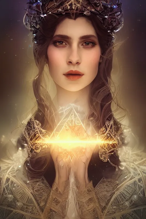 Image similar to Atmospheric detailed photography of a beautiful magician , wearing crystal fractal tiara, Symmetrical composition, fantasy long intricate gown, sharp focus, octane render, high quality, 8k, volumetric lighting, color grading, by Tom Bagshaw and James Jean and Artgerm