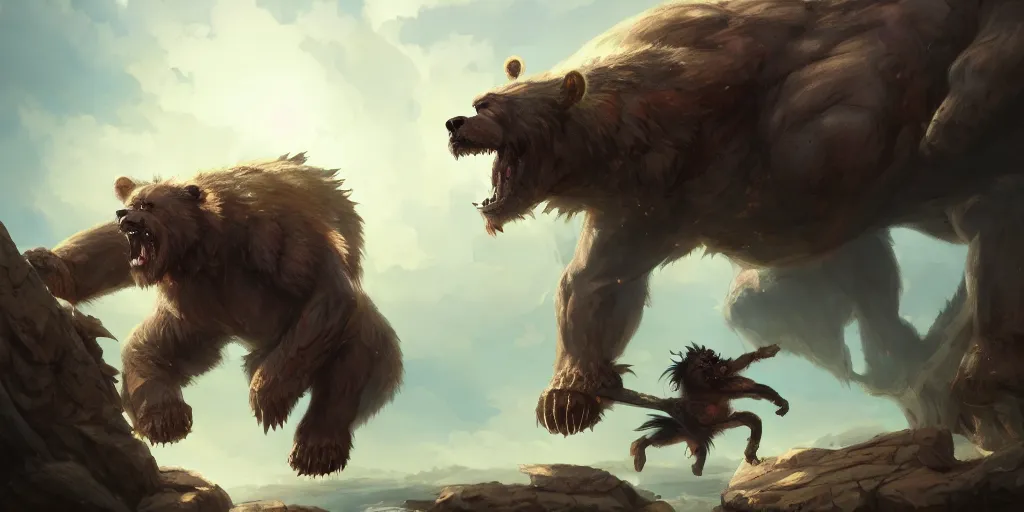 Image similar to Giant demon bear fighting a muscular gnoll. In style of Greg Rutkowski, Jesper Ejsing, Makoto Shinkai, trending on ArtStation, fantasy, great composition, concept art, highly detailed, scenery, 8K, Behance.