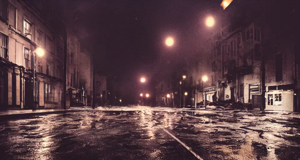 Prompt: a photo of an abandoned city street, wet streets, nighttime, technicolor film stock