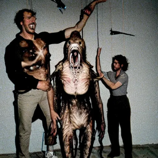 Image similar to big budget body horror movie with the thing eating animals and creating art on the wall with their bodies. 1980s horror movie photograph.