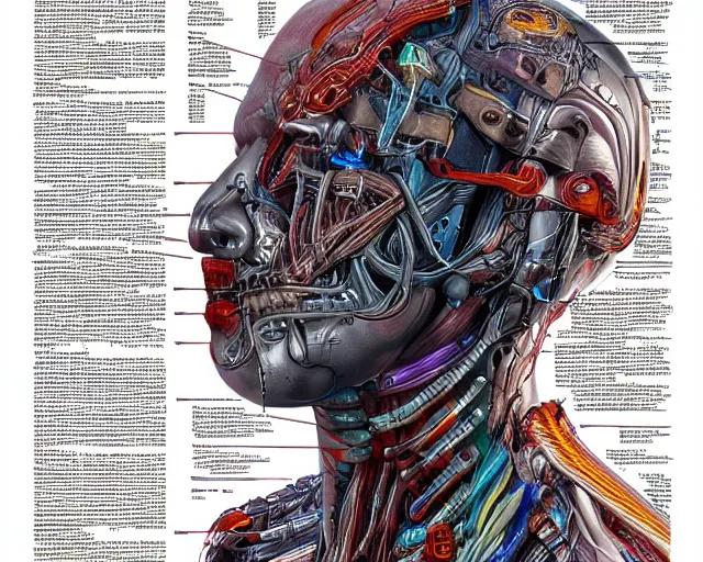 Prompt: cyberpunk android, highly detailed labeled medical anatomy poster anatomical drawing, high resolution