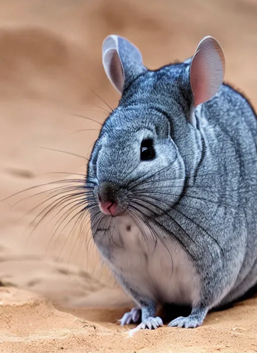 Image similar to chinchilla with strong, muscular body. big and fluffy rodent man. desert survivor.