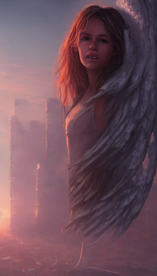 Prompt: a sad portrait of an angel buried alive in a abandoned futuristic city covered by vegeration, sunset, bright light, hyperdetailed, artstation, cgsociety, 8 k