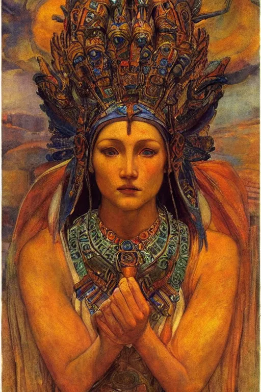 Image similar to goddess of the ancient city by Annie Swynnerton and Nicholas Roerich, strong dramatic cinematic lighting , ornate headdress , flowing robes, lost civilizations, smooth, sharp focus, extremely detailed