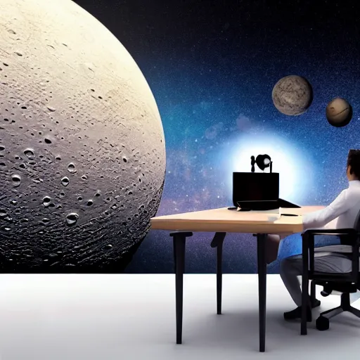 Image similar to 3 d, ultra realism, extra detail, back of a man sitting on his chair with a desk and his futuristic laptop, on the moon, with the universe in the background by stan lee