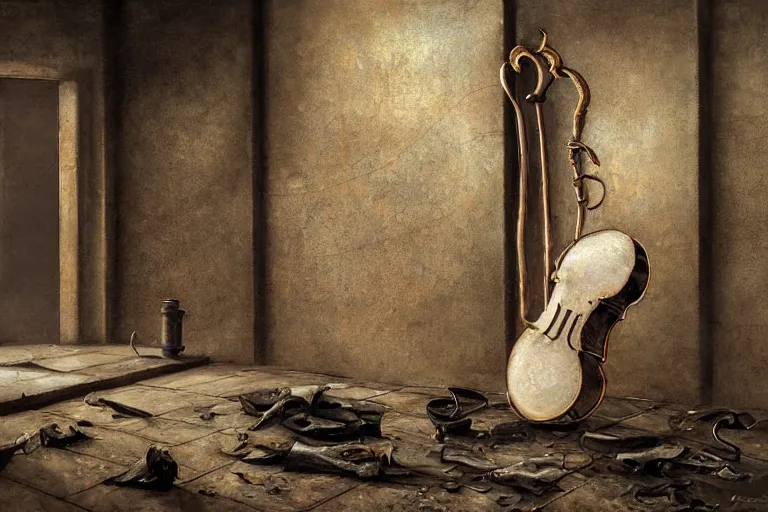 Image similar to still life painting, musical instument alone - a lute with smoke wisping up from its smoldering string, cursed baroque with ebony inlay, designed by brian froud and hr giger leans against the wall alone, abandoned. an empty brutalist chamber, lonely, somberlate afternoon lighting cinematic fantasy painting by jessica rossier