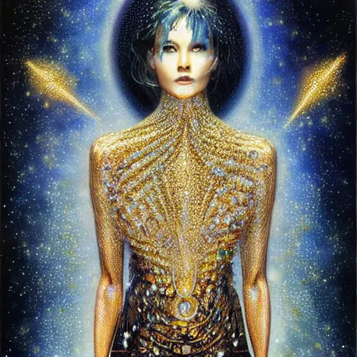 Prompt: full body made of diamonds , wearing a golden koftan ,thunder, shining light, nebulas, god rays by Karol Bak, Ayami Kojima, Amano and Olivier Ledroit