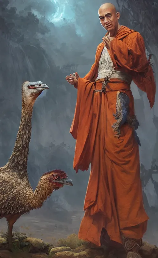 Image similar to male monk petting an undead emu, d & d, fantasy, intricate, highly detailed, digital painting, artstation, octane render, concept art, matte, sharp focus, illustration, hearthstone, art by artgerm and greg rutkowski and alphonse mucha