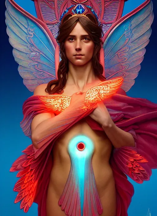 Image similar to nike godess of victory, wings, wax figure, glowing eyes, volumetric lights, red and cyan theme, art nouveau botanicals, intricate, highly detailed, digital painting, artstation, concept art, smooth, sharp focus, cinematic, illustration, beautiful face, art by artgerm and greg rutkowski and alphonse mucha