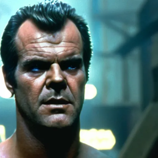 Image similar to young Jack Nicholson as Rick Deckard on blade runner 1982, slightly smiling, wide angle lens, movie still, in color, movie frame, detailed face, symmetrical face, 4k