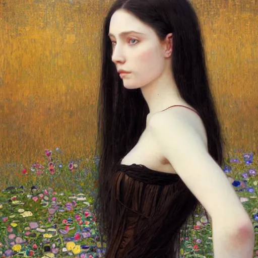 Image similar to Portrait of a beautiful, pale skin, female with long black hair, dark brown narrow-set eyes, faint smile, elegant clothing, photorealistic, highly detailed, artstation, smooth, sharp focus, art by Klimt, artgerm, Greg Rutkowski and Alphonse Mucha, natural light, Adobe Lightroom, photolab, Affinity Photo, PhotoDirector 365, artstation