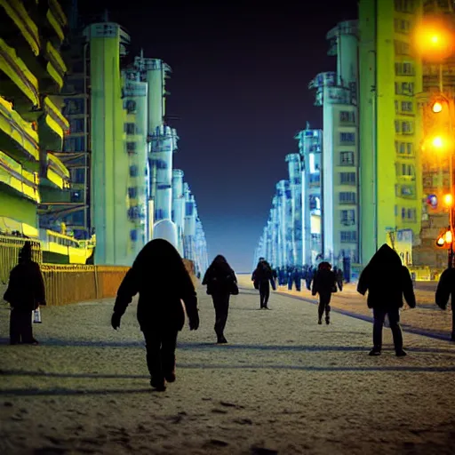 Image similar to people are walking past plasma vehicles, back from work in a Russian cyberpunk city called Neo Norilsk on the Moon, pitch black sky with stunning bright stars, bright sun, diverse, lively, black sky full of stars, blinding bright sun, sci-fi, lots of flying cars, levitation, cyberpunk outfits, photorealistic, grainy, 35mm, intricate, very very beautiful, elegant, smooth, cinematic, Unreal Engine 5, by Beeple, trending on Artstation HD