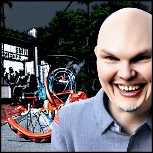 Prompt: billy corgan in an old man's wheelchair in front of an amusement park, laughing, smiling at child's photograph, realistic photo, photoshop, cartoon drawing, hand drawn, digital cartoon, caricature