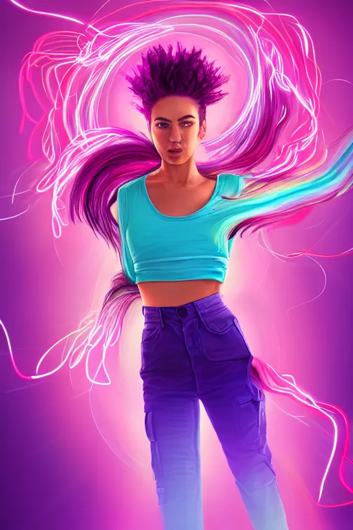 Image similar to a award winning half body portrait of a beautiful woman in a croptop and cargo pants with ombre purple pink teal hairstyle with head in motion and hair flying, surrounded by whirling illuminated lines, outrun, vaporware, shaded flat illustration, digital art, trending on artstation, highly detailed, fine detail, intricate