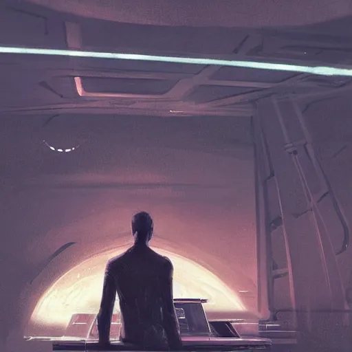 Prompt: concept art by greg rutkowski, a very tall, and slender man with messy blond hair, wearing a black sweater, sitting in the spaceship command bridge, brutalist futuristic interior, dark lighting atmosphere, detailed portraits, nostalgic atmosphere, scifi, digital painting, artstation, concept art, smooth, sharp foccus ilustration, artstation hq