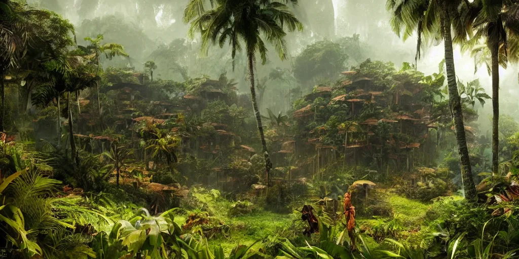 Image similar to tropical jungle, wall wood fortress, borderland style, Hyperrealistic CGI, Photorealistic, plants environment, wide angle, establishing shot, cinematic lighting, atmospheric, realistic, octane render, highly detailed, color graded, matte painting in the style of craig mullins