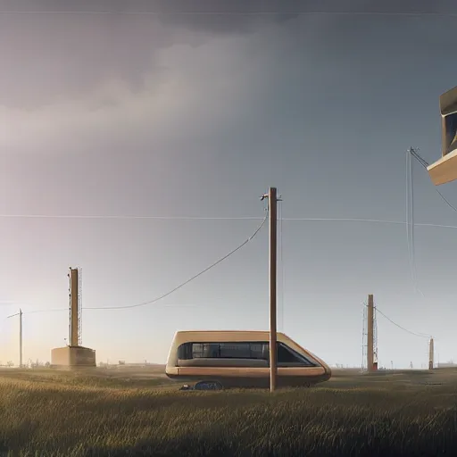 Image similar to beige rectangular lab with big central parking, on a hill surrounded by big pylons, dramatic lighting, artstation, matte painting, raphael lacoste, simon stalenhag, frank lloyd wright, zaha hadid, drone view