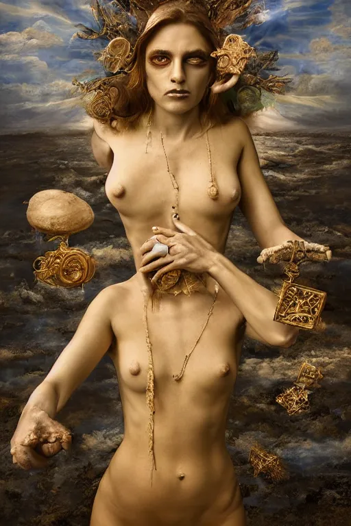 Image similar to transcendental mystic figure, mysterious, cryptic objects floating in landscape of changing time and space, symbolism deep meaning, epic surrealism 8k oil painting, portrait, perspective, high definition, post modernist layering, by Peter Kemp